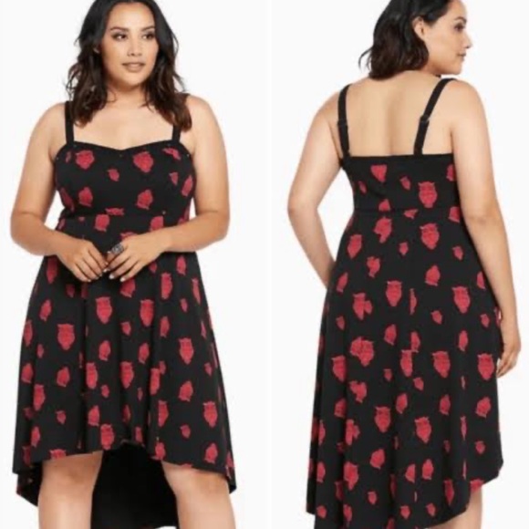 Tripp NYC Black & Red Owl Print Rockabilly Low High Studded Hem Dress Size L/12 - Picture 2 of 16